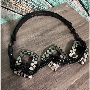 NEW Chico’s Boho Beaded Belt Size M/L Black Silver Acrylic & Leather Adjustable
